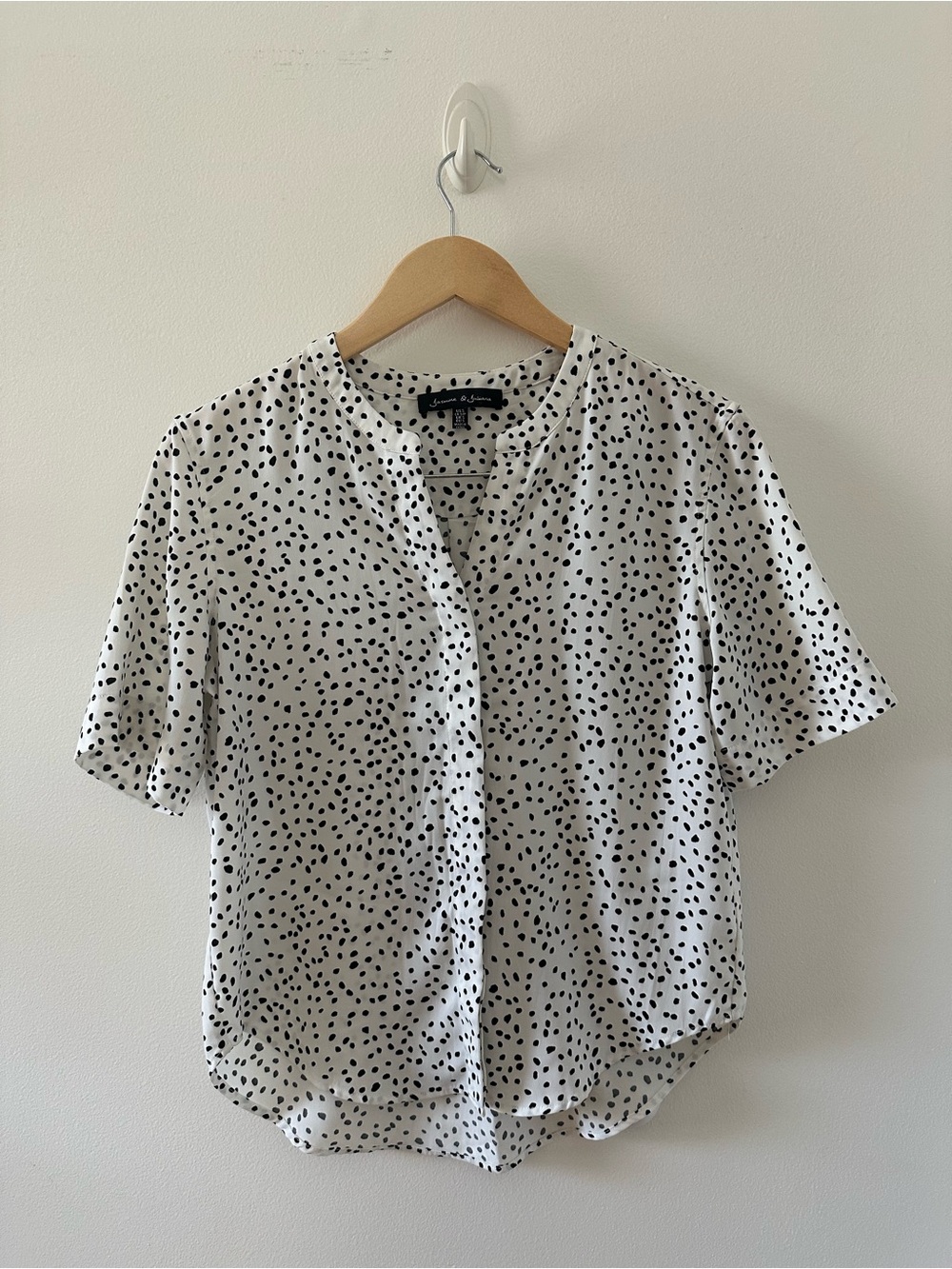 Short Sleeve White Button-Front Blouse with Black Dot Print